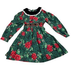 Vintage Polly Flinders Girls 4T Christmas Dress Green & Red Floral Lace Collar L